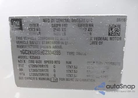 2016 Chevrolet Silverado 2500Hd Wt from USA, damaged, VIN 1GC2KUEG3GZ334285